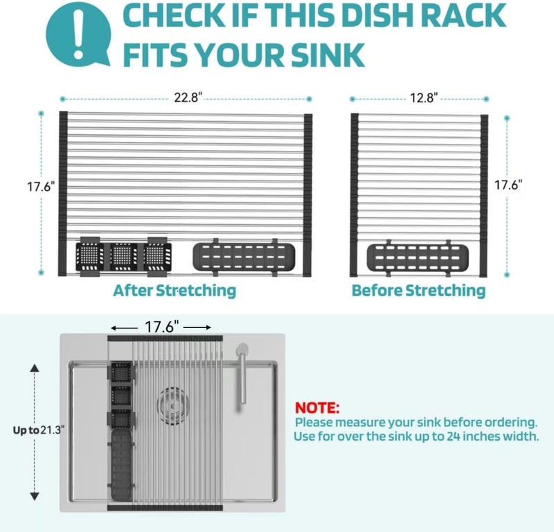BBXTYLY Extra Large Black Expandable Roll Up Dish Drying Rack Up to 22.8''with 2 Storage Baskets,Over The Sink Kitchen Rolling up Dish Drainer Dish Drying Rack in Sink, Foldable,Rollable,for Kitchen Dishes - Image 4